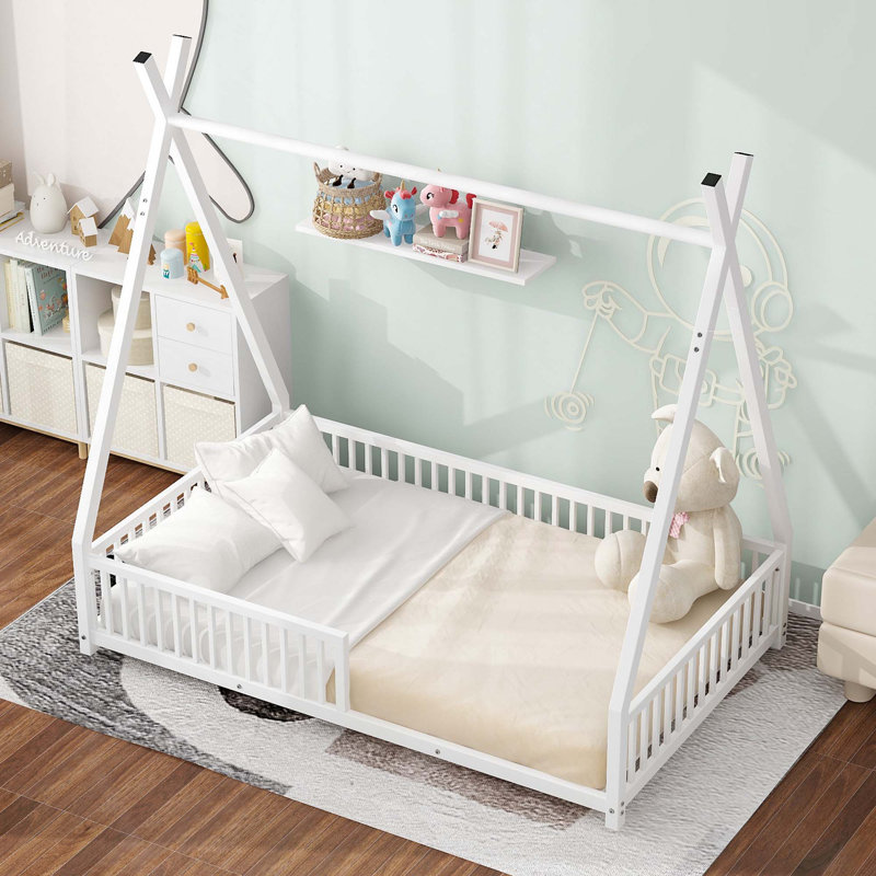 Lit plateforme en métal avec structure triangulaire et garde-corps, Lit simple, Blanc