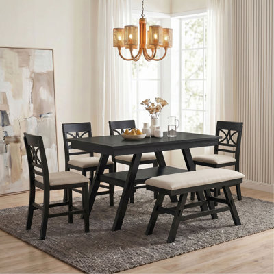TOPMAX 6-Piece Wood Counter Height Dining Table Set with Storage Shelf, Kitchen Table Set with Bench and 4 Chairs,Rustic Style,Cushion