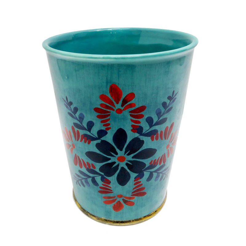 Turquoise Floral Graphic Plastic Circular Rubbish Bin