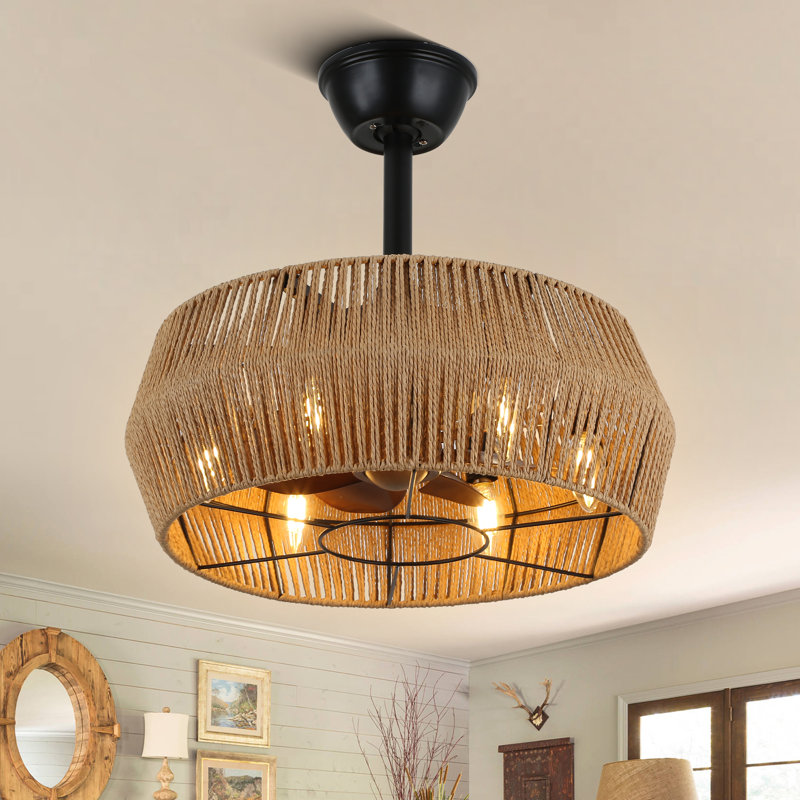 18 Inch Boho Rattan Hemp 6 Speeds DC Motor Caged Ceiling Fan with Lights and Remote Control