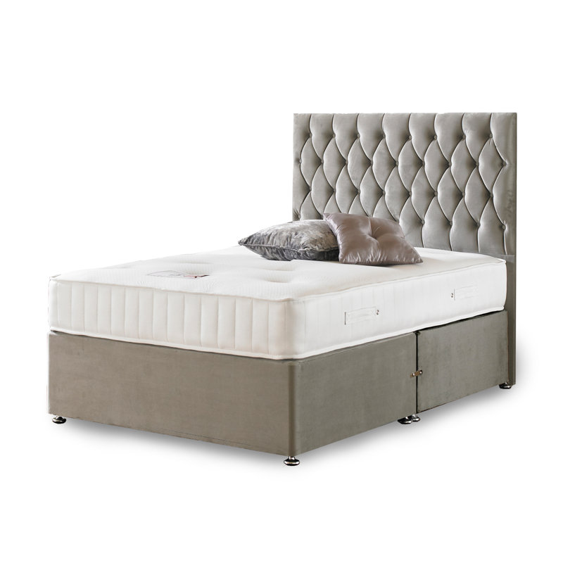 Asia Coil Spring Divan Bed Set, Kingsize (5'), No Storage, Silver Plush Velvet