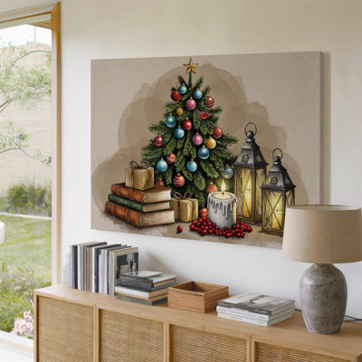 Canvas A Cozy Festive Scene Featuring A Beautifully Decorated Christmas Tree Wall Art Adorned With Colorful Ornaments And A Star On Canvas Wall Art