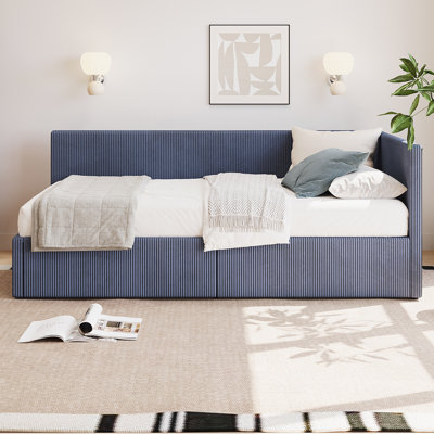 L Shape Corner Bed, Corduroy Upholstered Daybed with Two Storage Drawers and Vertical Striped Design