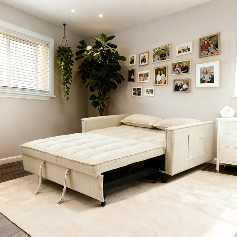 54" Upholstered 2-Seat Convertible Sofa Bed With Pull-Out Sleeper And Storage Pocket, Beige