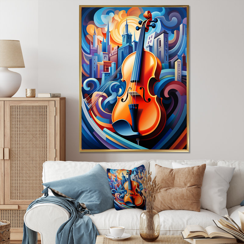 Elegant Violon Music Harmony II - musique, art mural, Cadre flottant doré, H 32 po x l 24 po x P 1 po
