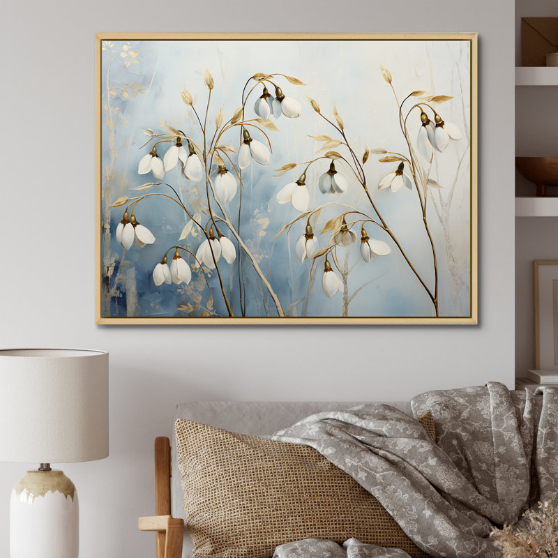 «White and Blue Snowdrops Simplicity III», reproduction sur toile, H 16 po x l 32 po x P 1 po, Cadre naturel flottant