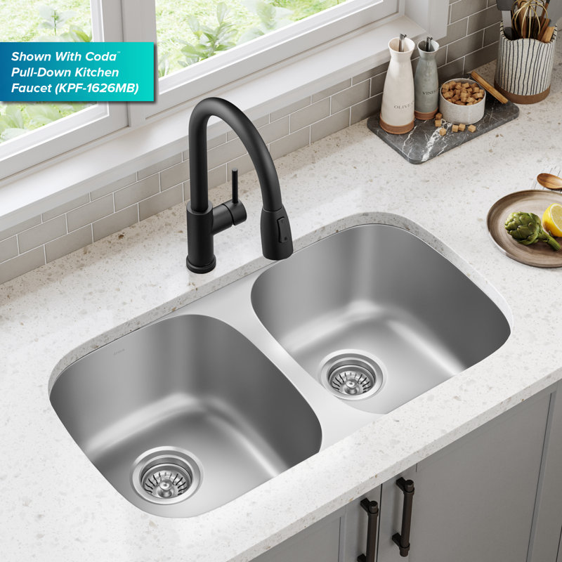 Kraus Premier Undermount Kitchen Sink with Waste Guard™ Garbage Disposal, Double Bowl, 32" L x 20" W x 8.75" D