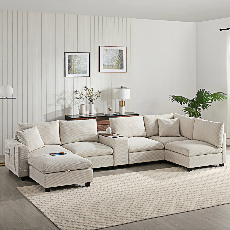 Modular Sectional Sofa With Movable Storage Ottoman And Console, Beige Corduroy