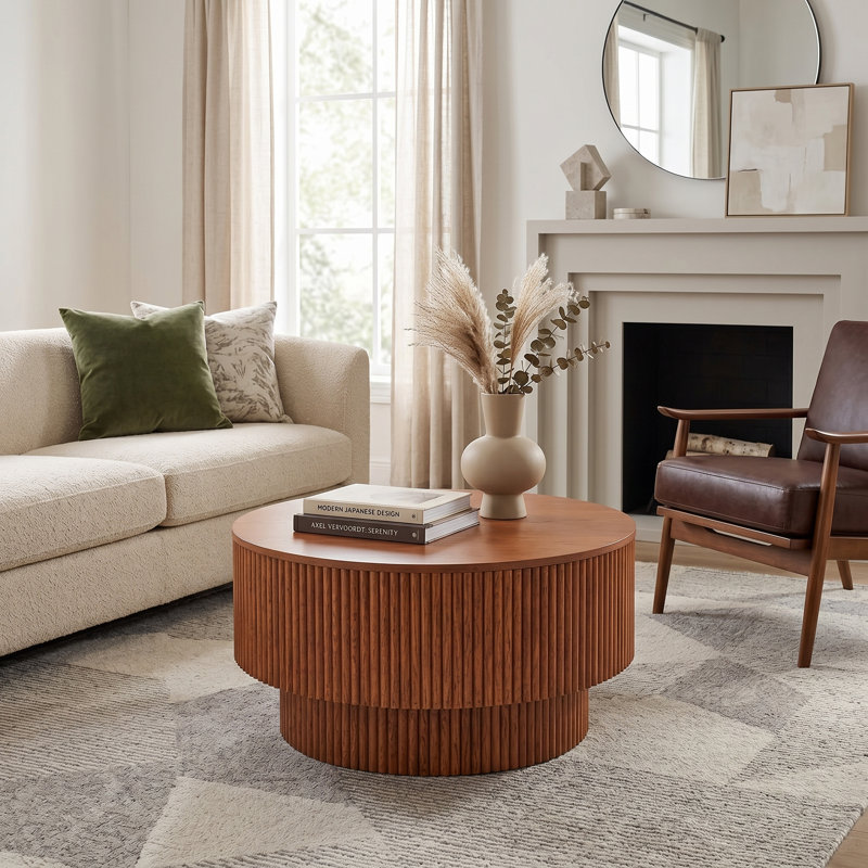 31.5" Pedestal Round Coffee Table with Storage - Modern Wood Design, Oak Wood