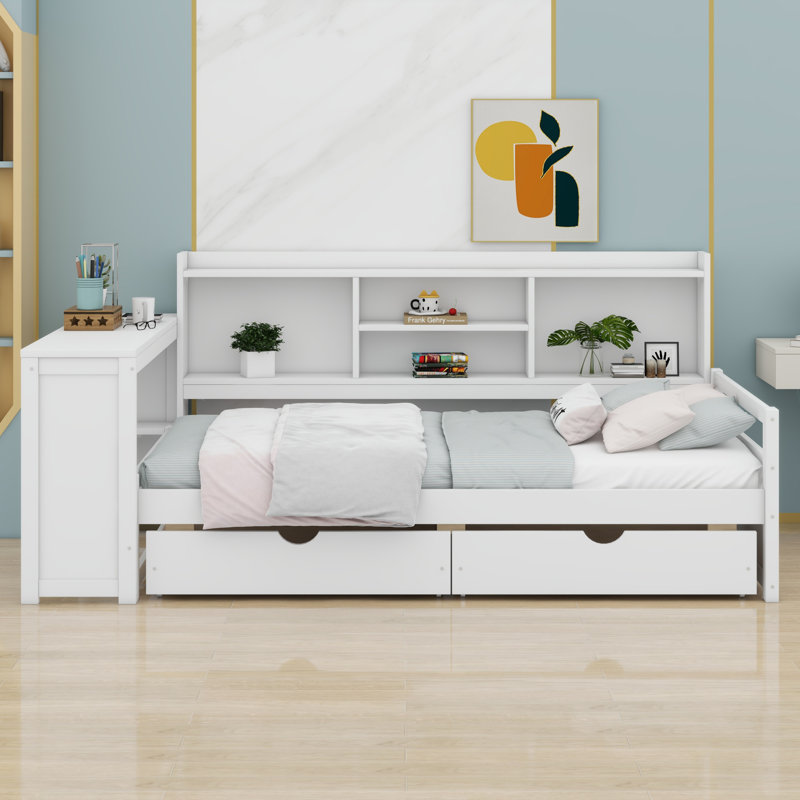 Daybed with Desk, Storage Drawers, Charging Port & Shelves, White