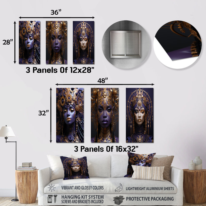 Purple And Gold African Woman Elegance I - Woman African American Metal Prints Set Of 3, 32" H x 48" W