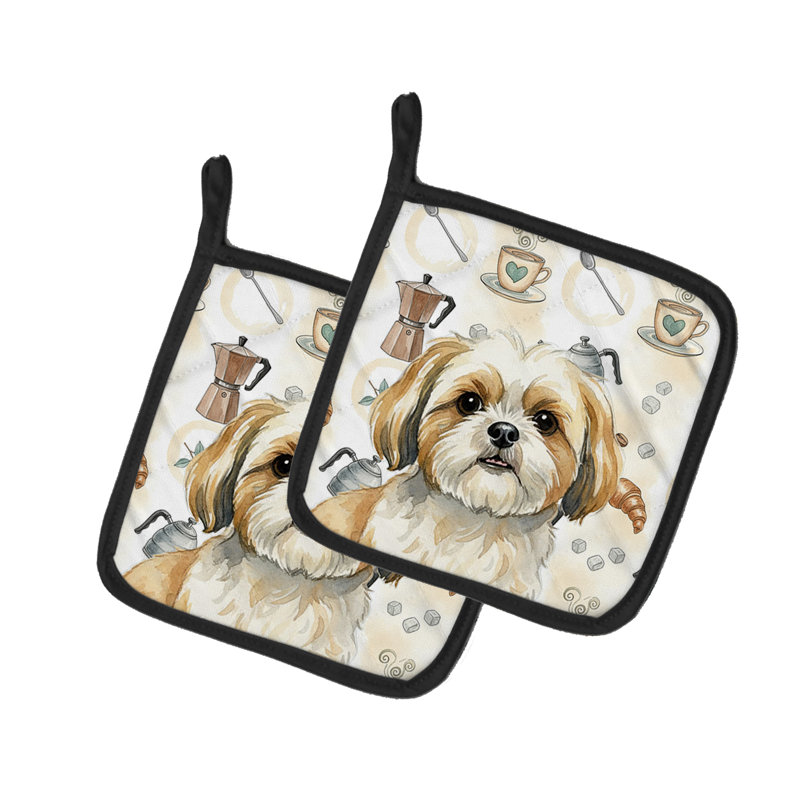 Paire de porte-cafetières or et blanc Shih Tzu