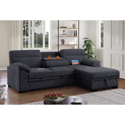 Kipling II 94-Inch Chenille Fabric Sleeper Sectional Sofa With Right-Facing Storage Chaise – L-Shaped Pull-Out Bed, Drop-Down Console With USB Ports & Cupholders, And Pocket Coil Seating, Easy Assembly