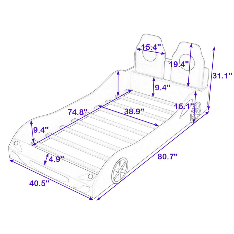 Twin Wooden Race Car-Themed Bed with Upholstered Backrests and LED Lighting, White