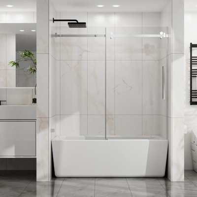 Bathtub Door, Tempered Glass, Adjustable Width, - Splash Threshold, Quiet Operation Sliding Sealing, Open And Close