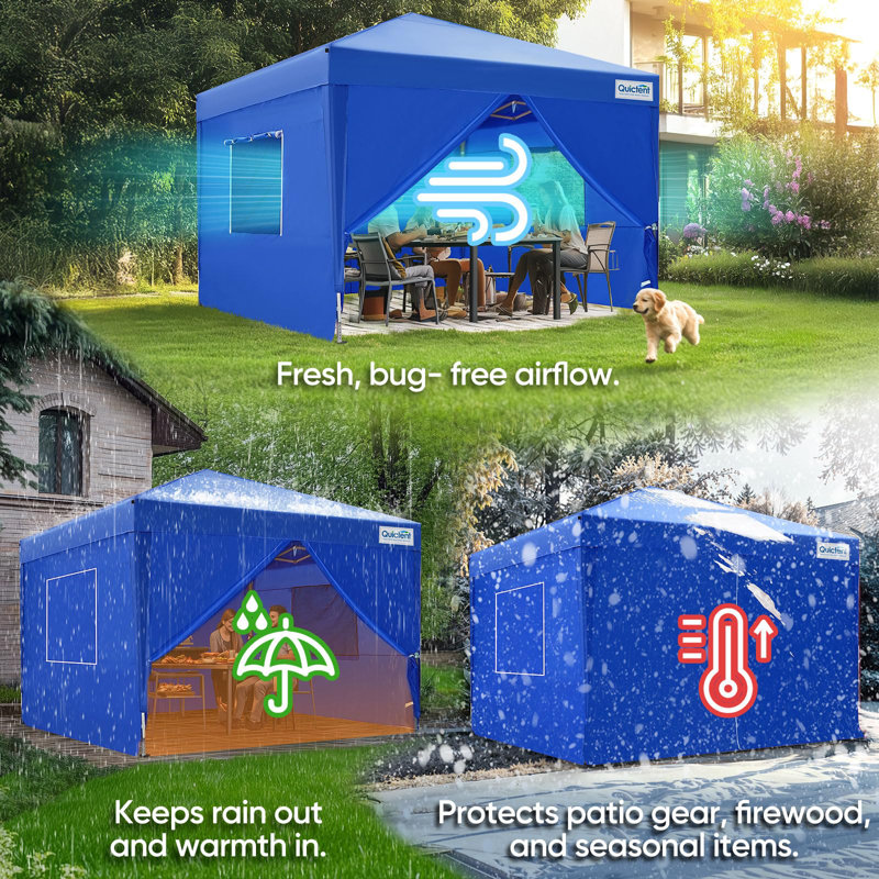 Tente à auvent escamotable 10 x 10 pi avec parois latérales et fenêtres ventilées enroulables, abri de jardin commercial extérieur, bleu royal Quictent