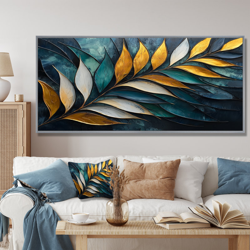 «Emerald Stone Plam Leaves» - art mural palmiers et palmiers, Argent argent, H 28 po x l 60 po