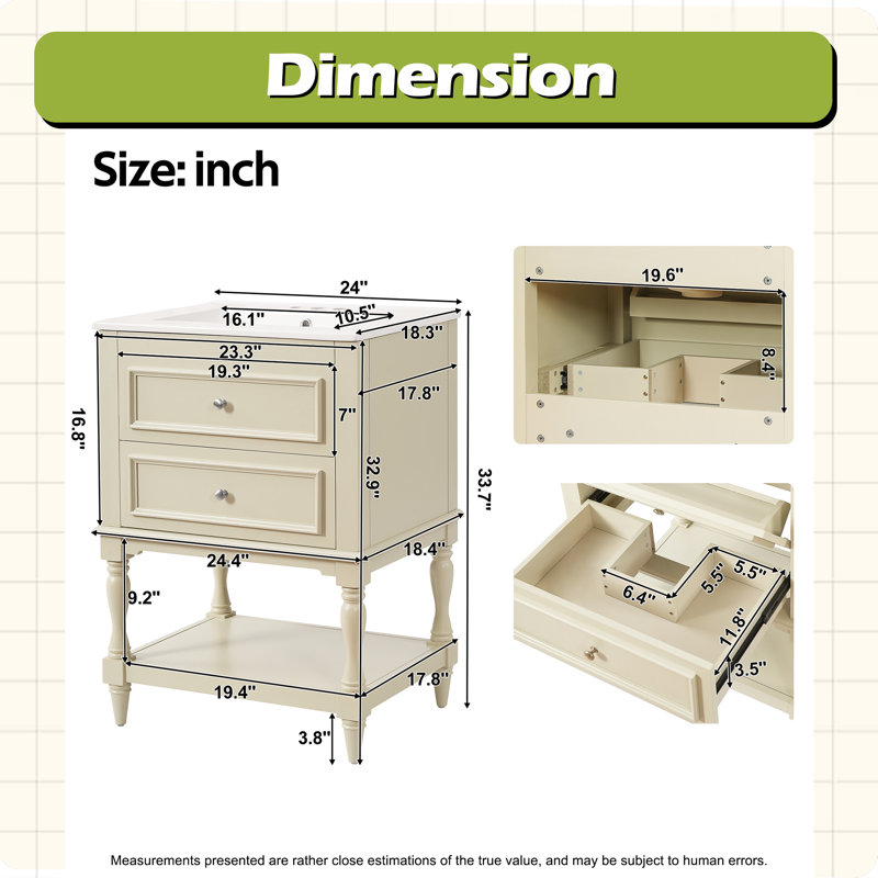 Meuble-lavabo 24 po avec lavabo en céramique, Beige