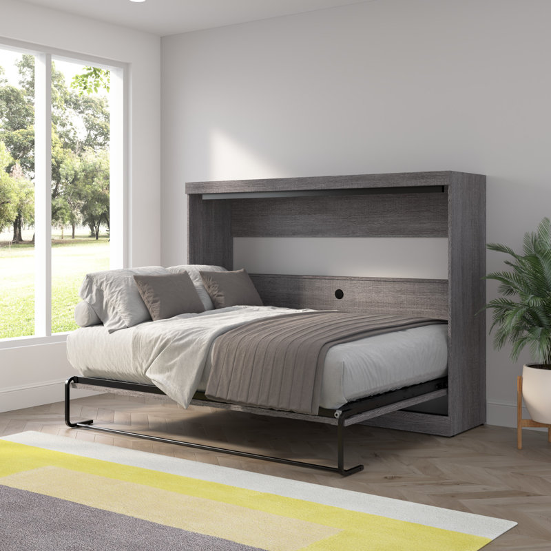 80W Full Horizontal Murphy Bed In Bark Gray, Full, Dark Gray
