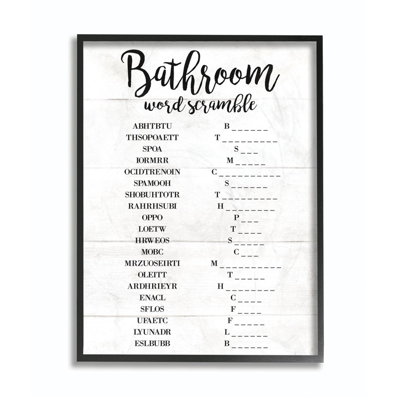 «Bathroom Word Scramble White and Black», impression, H 24 po x l 30 po x P 1,5 po, Giclée encadrée noir minuit