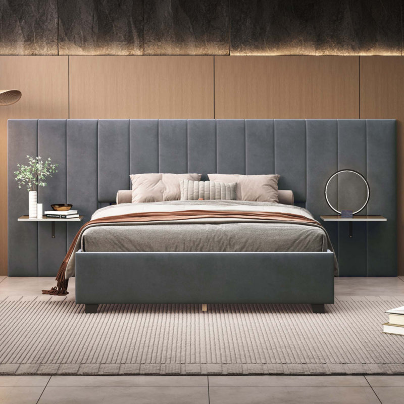 Grand lit plateforme tapissier, Gris