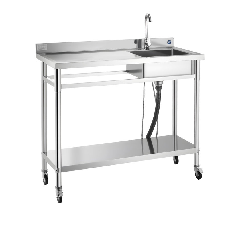 Évier utilitaire en acier inoxydable de qualité commerciale avec établi roulant, évier de cuisine à simple cuve certifié NSF avec robinet et tablette réglable pour la buanderie et le garage