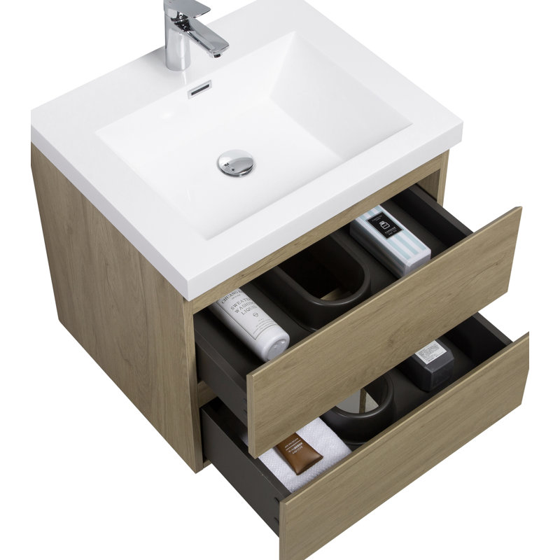 Meuble-lavabo mural 24 po avec lavabo et rangement mural moderne, Oak
