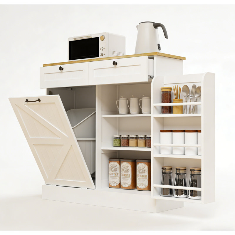 Armoire de cuisine à 2 tiroirs avec poubelle cachée et support de rangement