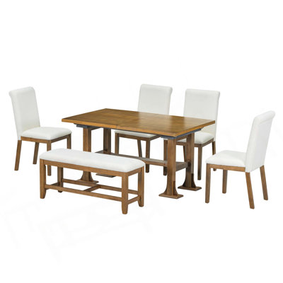 Farmhouse 76Inch 6-Piece Extendable Dining Table Set Trestle Kitchen Table Set With 18Inch Removable Leaf And Upholstered Dining Chair And Bench For D