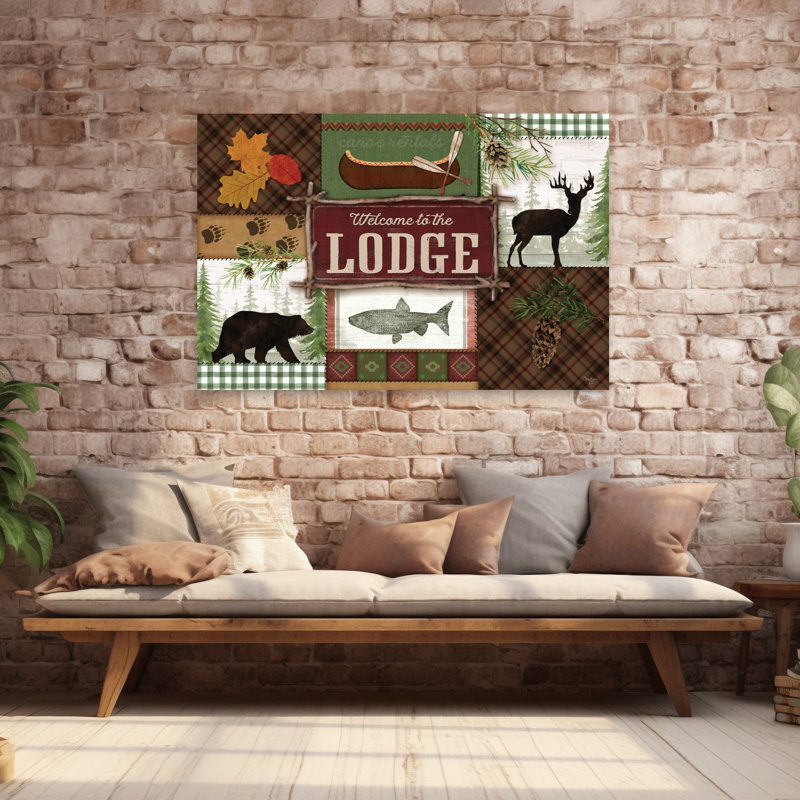 «Welcome To The Lodge», art abstrait, paysage contemporain, ours, cerf, poisson, H 40 po x l 60 po