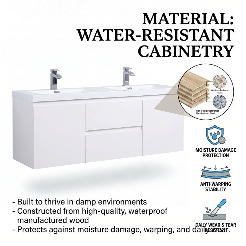 60" Floating Wall‑Mount Bathroom Vanity, Wood Melamine Cabinet with Resin & Calcium Carbonate Integrated Sink, White