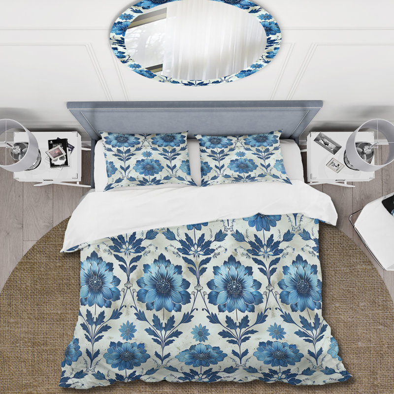 Blue Traditional Floral Wreath Gardens - Ensemble de housse de couette Traditional