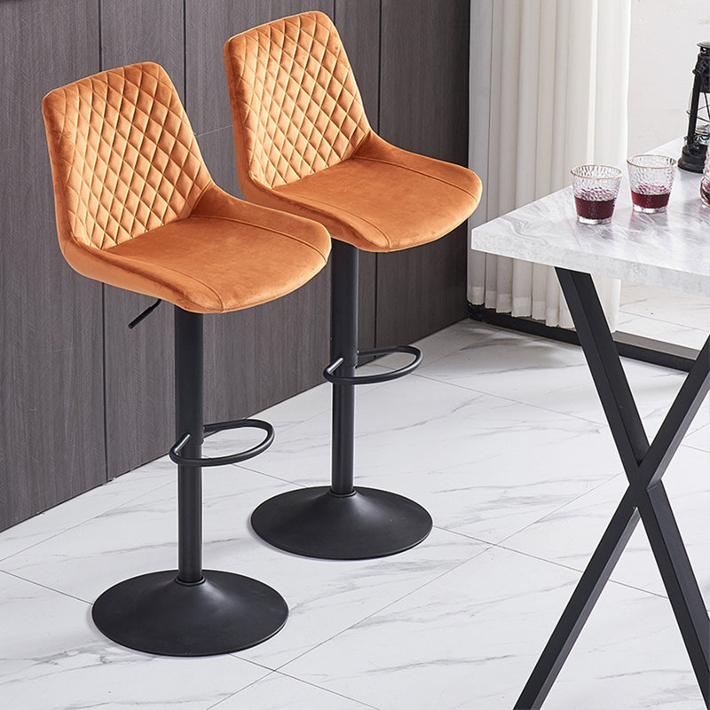 Apoch Waffle Velvet Height Adjustable Bar Stool 360 Swivel with Footrest Counter Stool, Orange