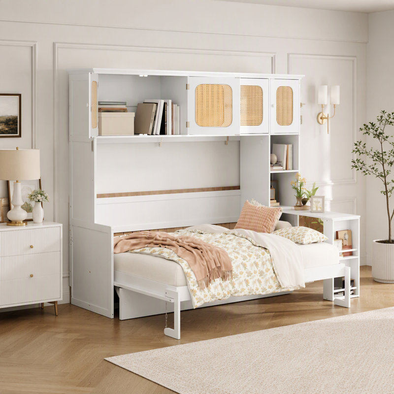 Lit escamotable avec bureau intégré et rangements en rotin, lit mural gain de place pour bureau à domicile et chambres d'amis