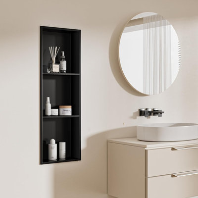 Niche de douche sans carreaux avec 3 tablettes réglables - Organisateur mural encastré en acier inoxydable 304 pour le rangement de la salle de bain - Finition noir mat moderne