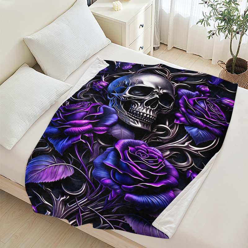 Couverture simple en flanelle JYK Halloween, Metallic Skull Roses
