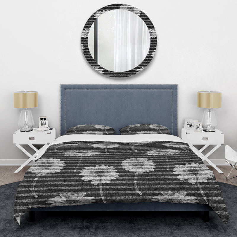 White Flower Striped - Abstract Duvet Cover Set - Microfiber Polyester