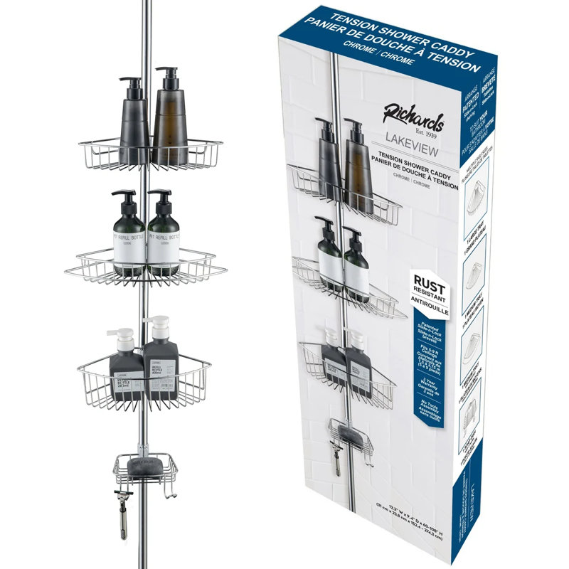 Rustproof Shower Caddy Corner for Bathroom,Bathtub Storage Organizer with Tension Pole, Chrome