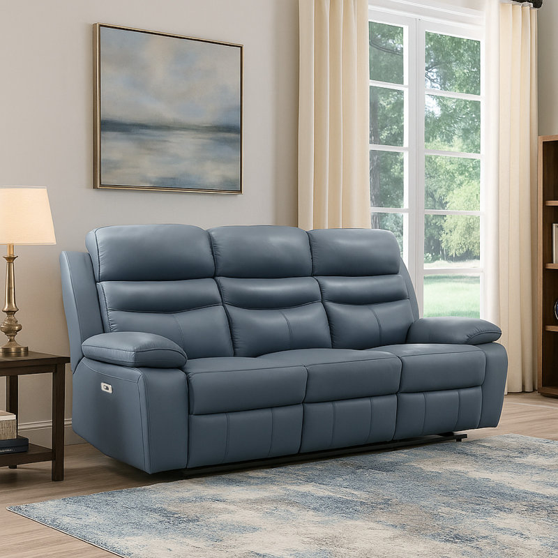 Canapé inclinable double en cuir fleur Hanna, 87 po Hanna, Électrique - Bouton-poussoir, Bleu