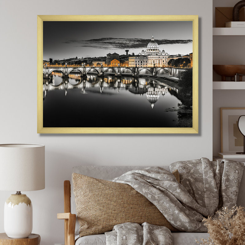 Paysage urbain de Rome noir et blanc sur toile, Cadre doré simple, H 24 po x l 32 po x P 1 po