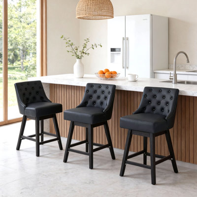25.6" Swivel Bar Stools Set Of 3, Counter Height Barstools With Back, Pu Leather Upholstered Bar Stools, Modern Barstools Wood Legs For Kitchen Island Dining Room Bar