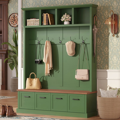 Willowcreek 55" Farmhouse Hall Tree with Bench, Coat Rack with Hidden Cabinets