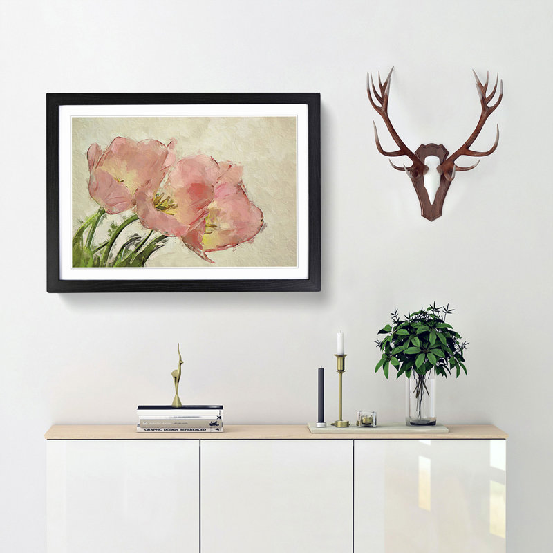 Pink Tulip Art in Abstract - Picture Frame Painting Print, 27cm H x 36cm W x 2cm D, Black Framed