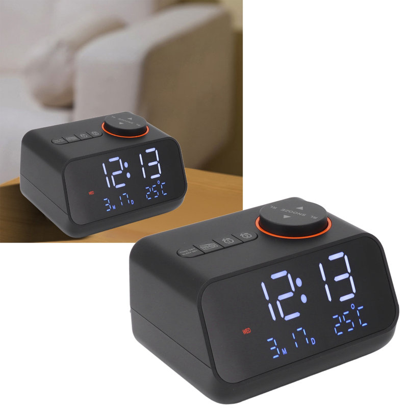 Radio-réveil numérique DEL avec musique FM, affichage de la température et de l'humidité, pour la maison, la chambre ou le bureau (noir).