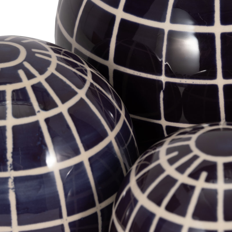 Halcott Set of 3 Ceramic Orbs - 4", 5", 6" Set of Blue and White Checkered Decorative Round Table Orbs for Home or Office Decor, Stylish Gift Idea