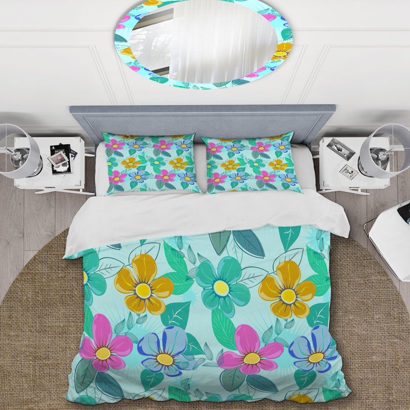 Fleurs et feuilles colorées - ensemble de housse de couette floral - polyester microfibre