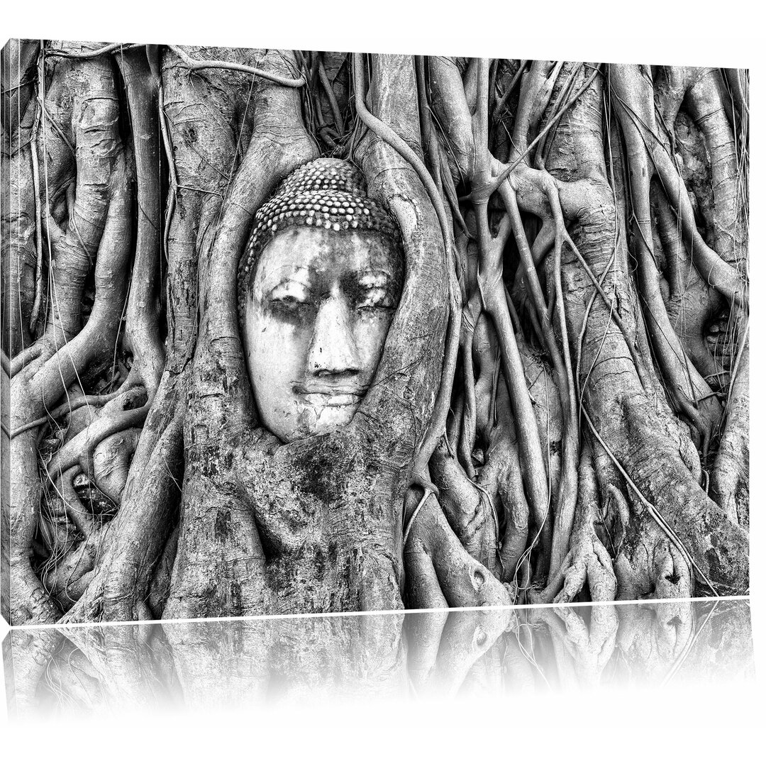 Leinwandbild Buddha Kopf verwachsen im Baum in Monochrom