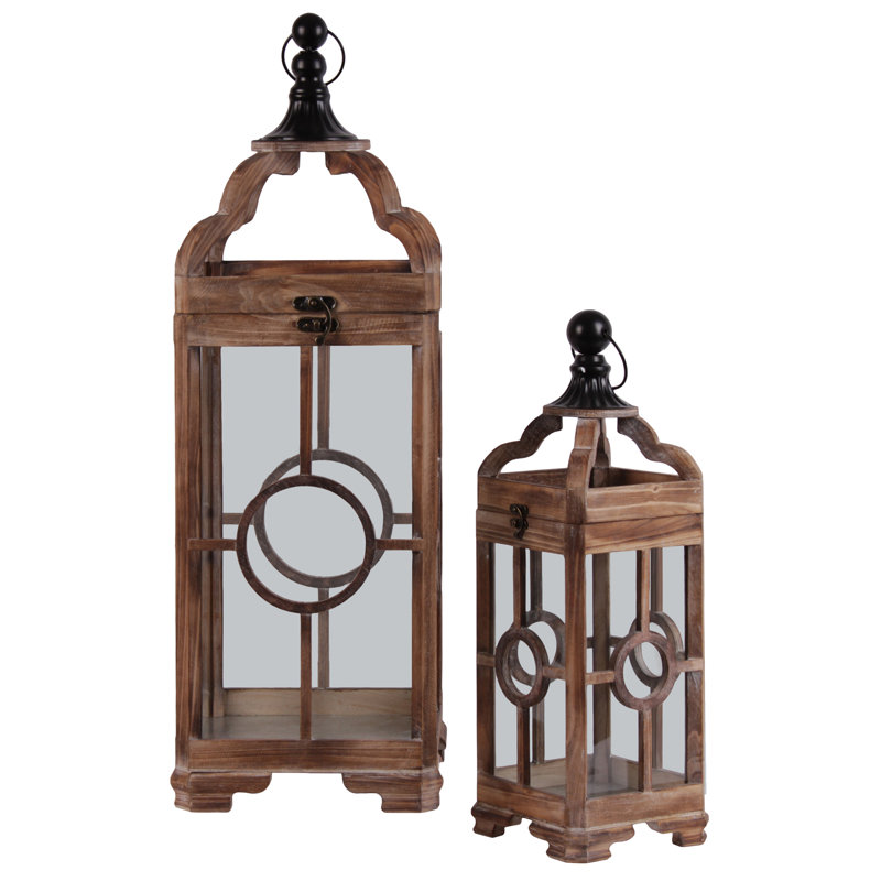 Natural Brown Wood Square Lantern Set with Metal Finial Top