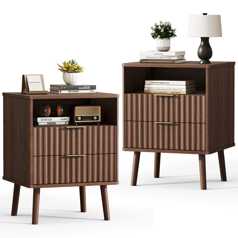 Fluted Nightstand Set of 2, 18" Modern Side Table, 2 Drawers End Table with Storage, Bedside for Bedroom, Living Room, Curved Profile Design