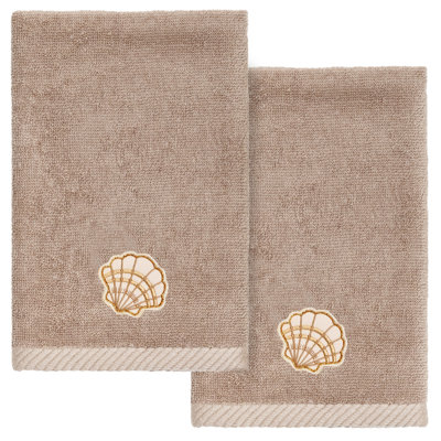 SHELL ROW 2PC Embellished Fingertip Towel Set 100% Turkish Cotton Fingertip Towel